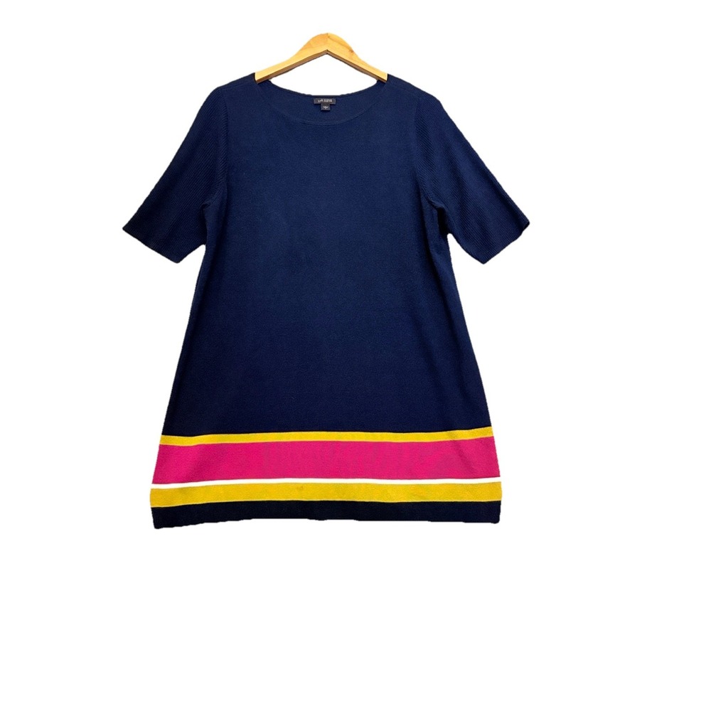 J. Jill Wearever Size L Knit Top Short Sleeve Sweater Pullover‎ Navy Blue Stripe